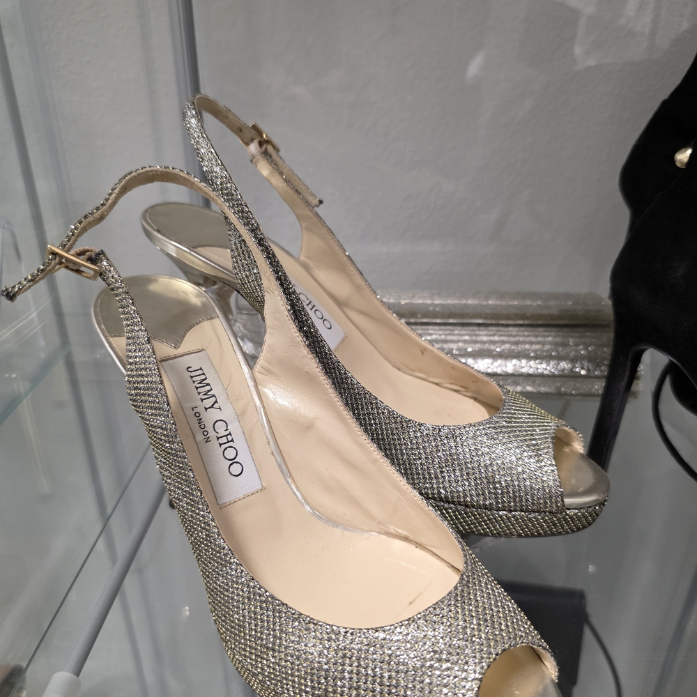 Jimmy Choo Silver Peep-Toe Slingback Heels